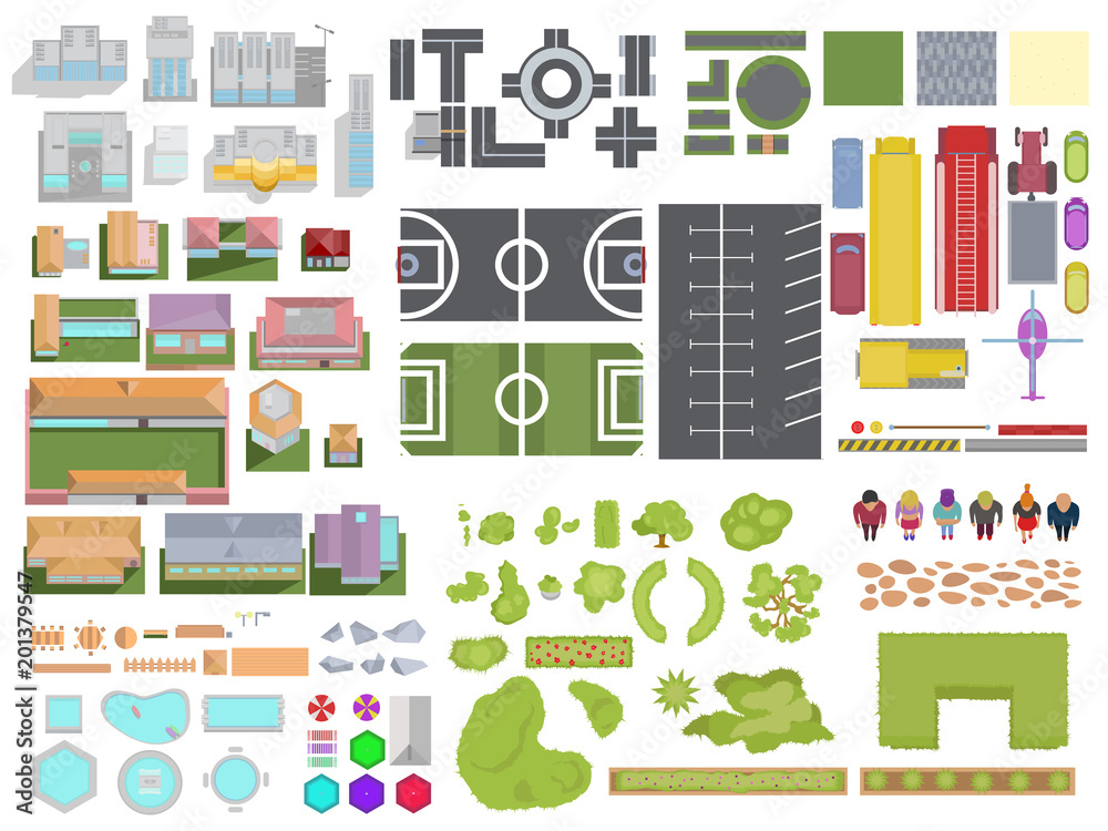 Landscape City elements set isolated on white background. City top view with buildings, trees, roads, cars, people, backyard elements, parking and stadiums. Vector landscape city view from above.