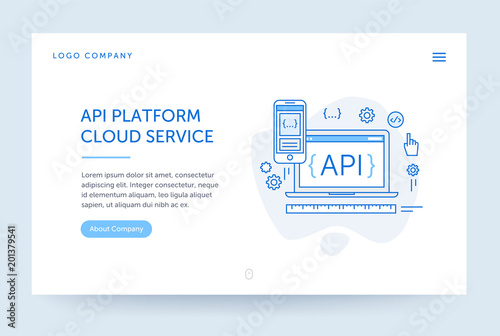 API platform illustration. Web banner. Blue flat line style. Home page concept. UI design mockup.