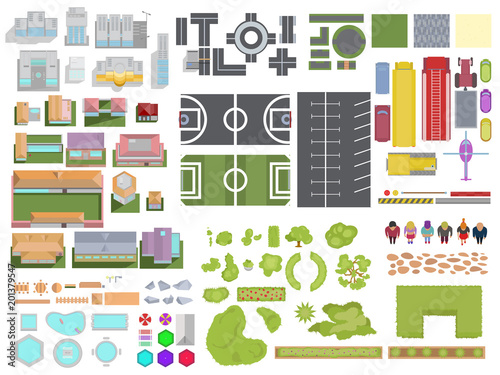 Landscape City elements set isolated on white background. City top view with buildings, trees, roads, cars, people, backyard elements, parking and stadiums. Vector landscape city view from above.