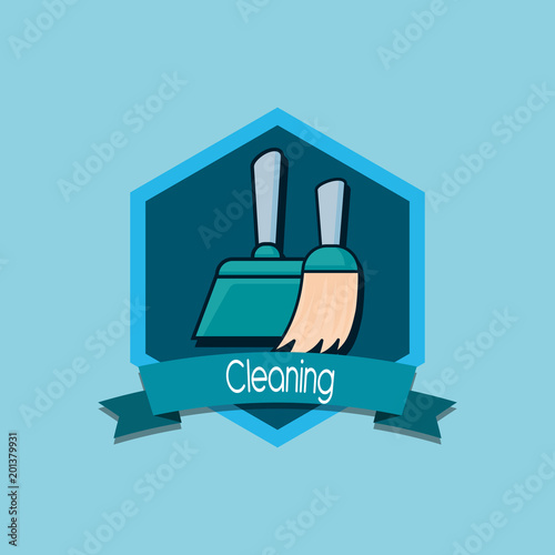 cleaning emblem with broom and dustpan icon over blue background, colorful design. vector illustration