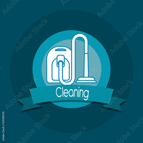 cleaning emblem with vaccum icon over blue background, colorful design. vector illustration