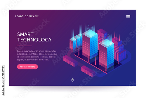 Smart technology illustration. Web banner with neon light and modern buildings. Isometric gradient style. Home page concept. UI design mockup.