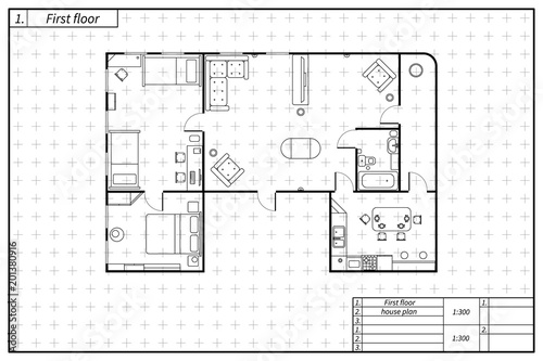 Black architecture plan of flat with furniture in blueprint sketch style isolated on white