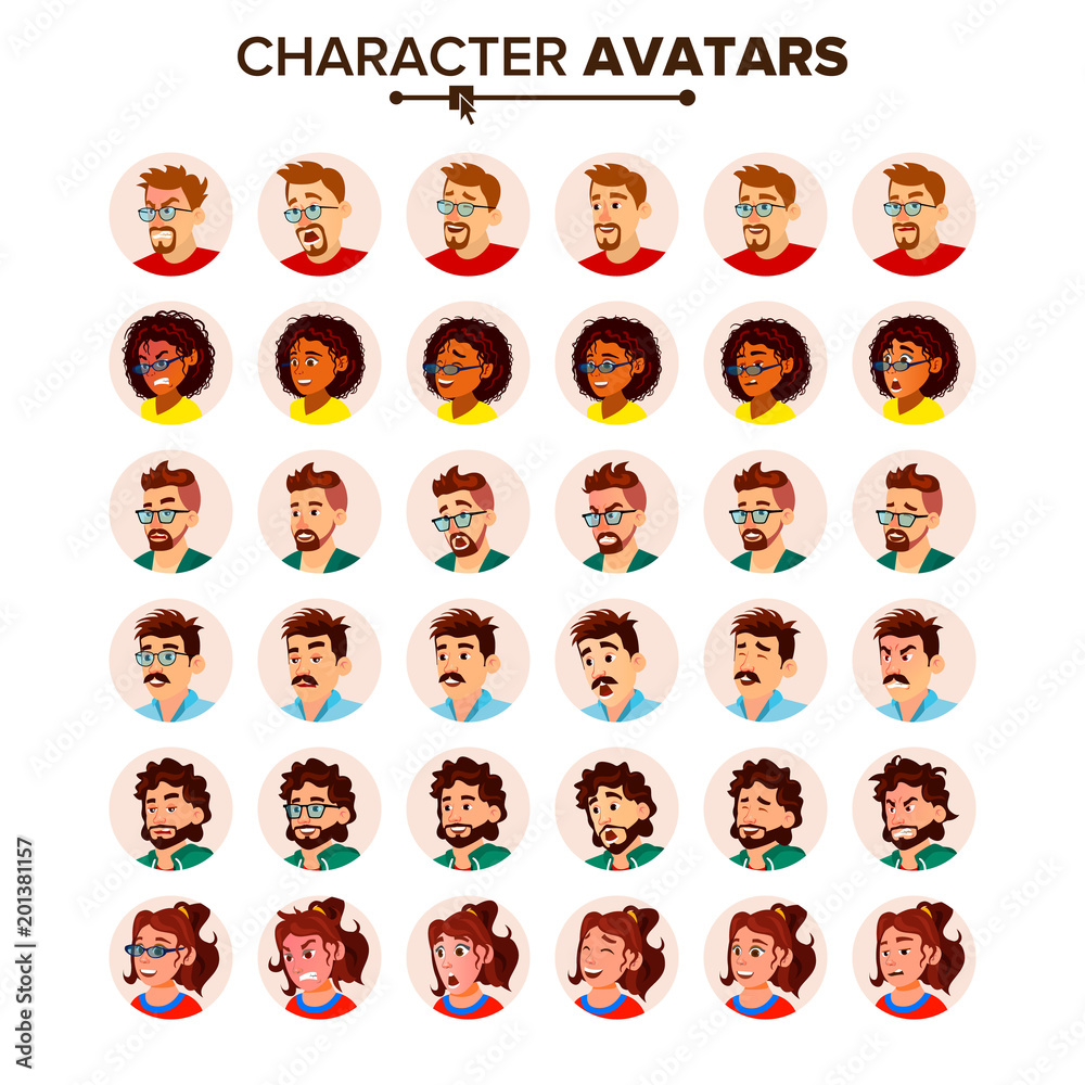 People Avatar Set Vector. Man, Woman. Circle Pictogram. Expressive Picture. Human Emotions. Stylish Image. Icon Placeholder. Casual Workman. Flat Cartoon Character Illustration People Avatar Set Vector. Man, Woman. Circle Pictogram. Expressive Picture. Human Emotions. Stylish Image. Icon Placeholder. Casual Workman. Flat Cartoon Character Illustration