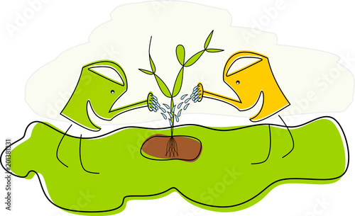 Zwei Gießkannen pflanzen einen Baum