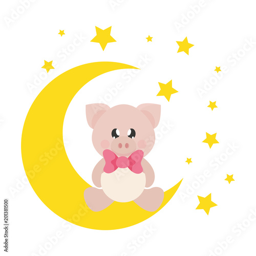 cartoon cute pig with tie and hat sitting on the moon
