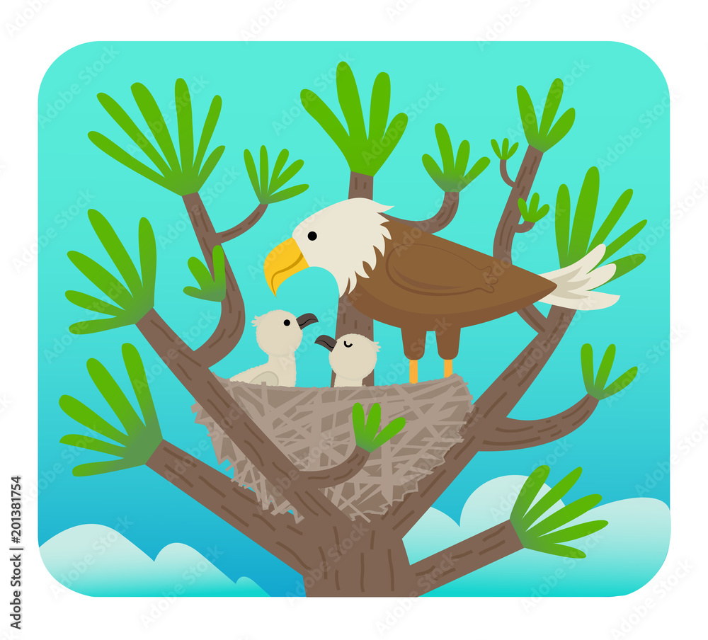 Fototapeta premium Eagle and Chicks - Clip art of an eagle with it's chicks in a nest on a tree. Eps10