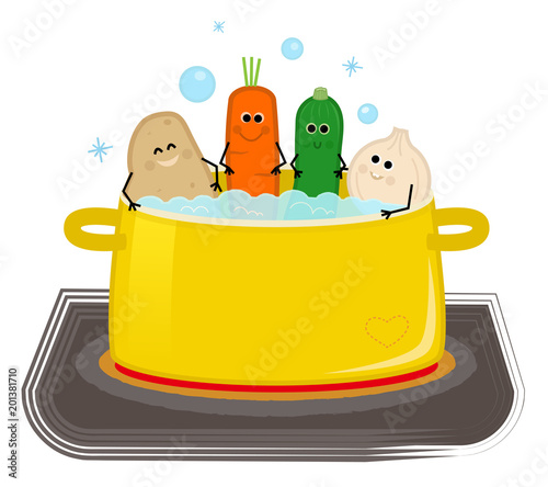 Veggies Spa - Group of cute veggies are sitting in a boiling water. Eps10