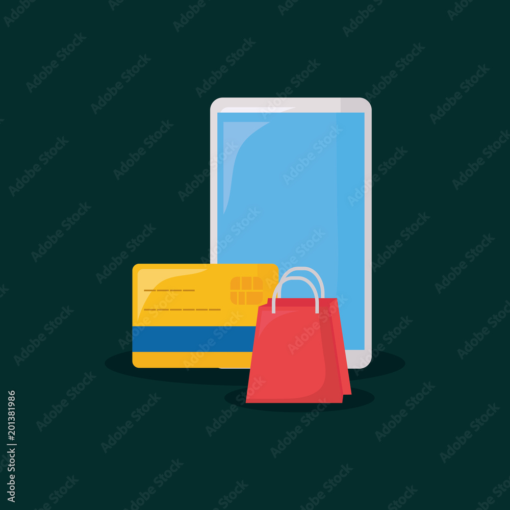 shopping bag white cellphone and credit card over green background, colorful design. vector illustration shopping bag white cellphone and credit card over green background, colorful design. vector illustration