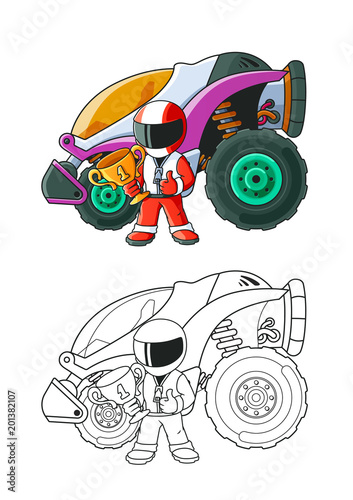Champion Racer with a Golden Cup and His Racing Car. Coloring Book. Colored Version and Line Art.