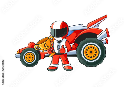 Champion Racer with a Golden Cup and His Racing Car. Coloring Book. Colored Version.