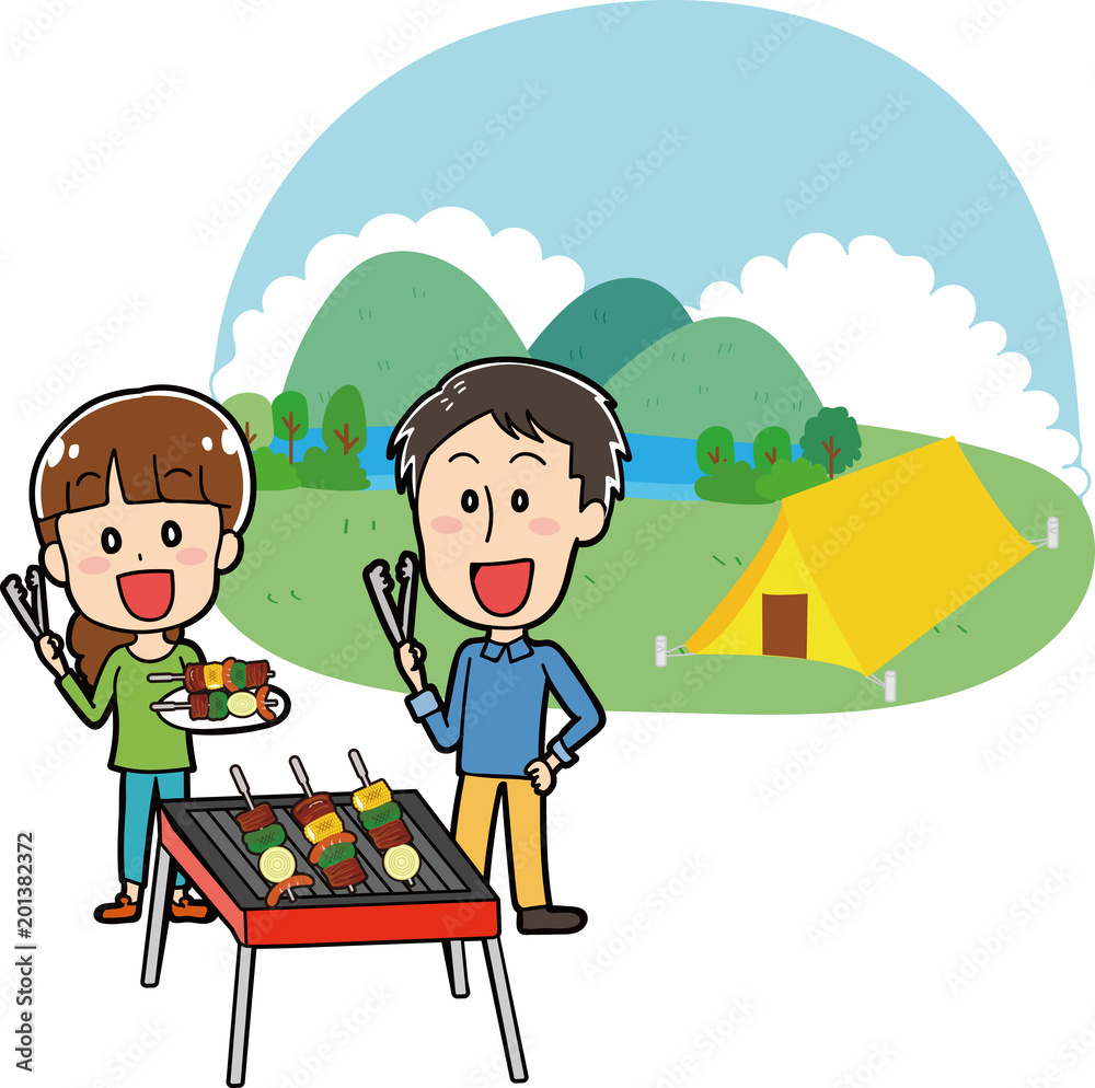 キャンプ場でバーベキューをする夫婦のイラスト素材 Stock Vector Adobe Stock