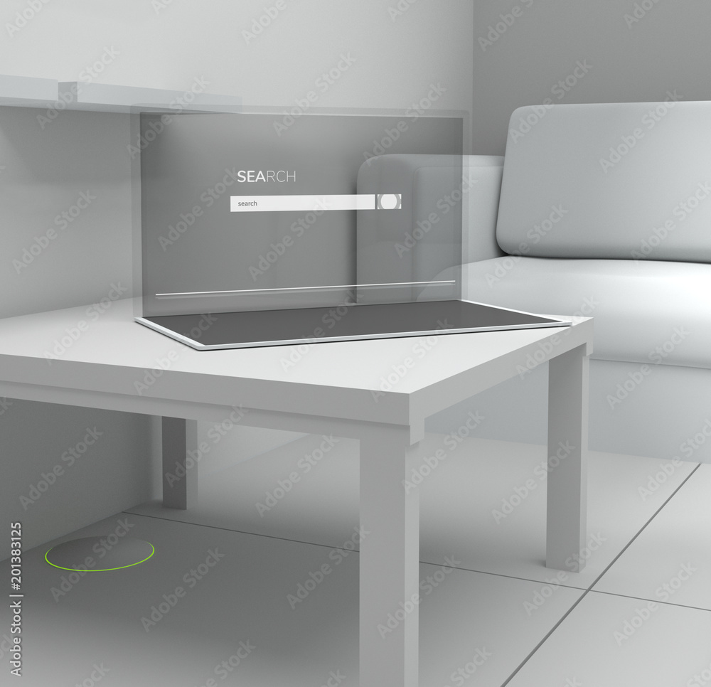 transparent laptop computer screen in living room 3d rendering