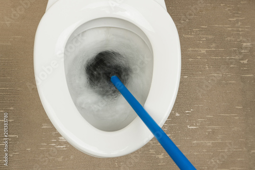 using the rubber plunger to unclog the flush toilet photo