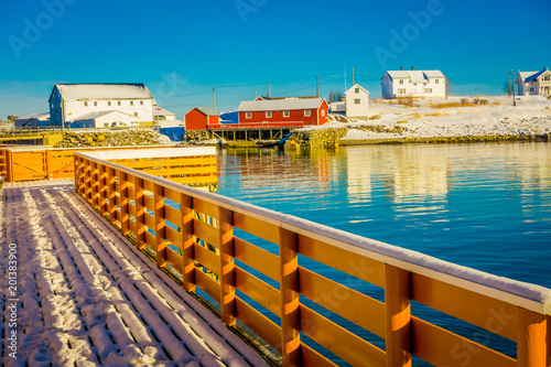 Outdoor view of wooden fence located in the harbour in Lofoten islands