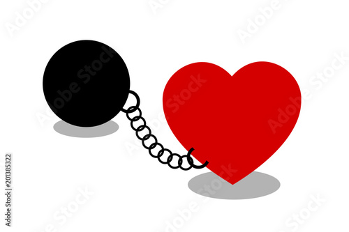 Love and romantic commitment as negative relationship - lost of freedom and liberty, emotional dependence. Vector illustration of tied heart