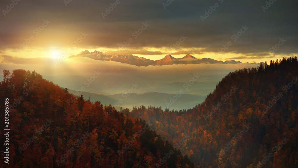 Fototapeta premium Panoramic view from Solkolica Peak to Tatra mountain.