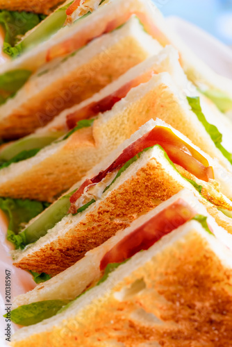 Row of toasted club sandwich with tomato, lettuce, egg and mayonaise. Concept of breakfast with fast food.