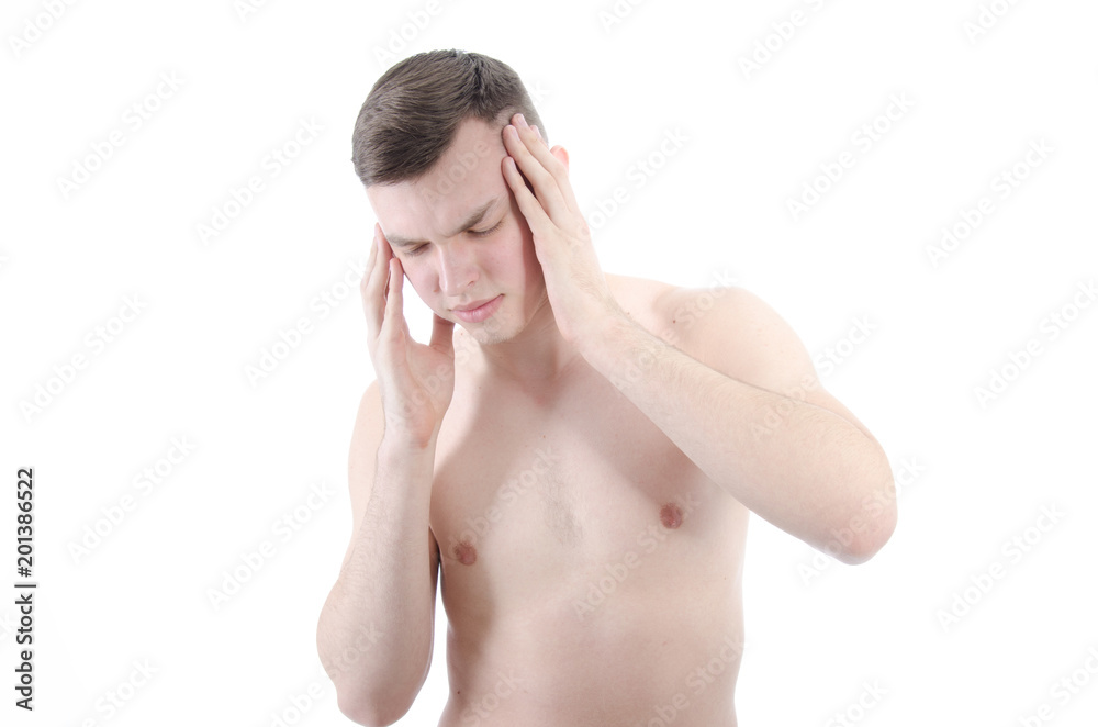 Headache and migraine. An attractive guy. White background. Headache and migraine. An attractive guy. White background.