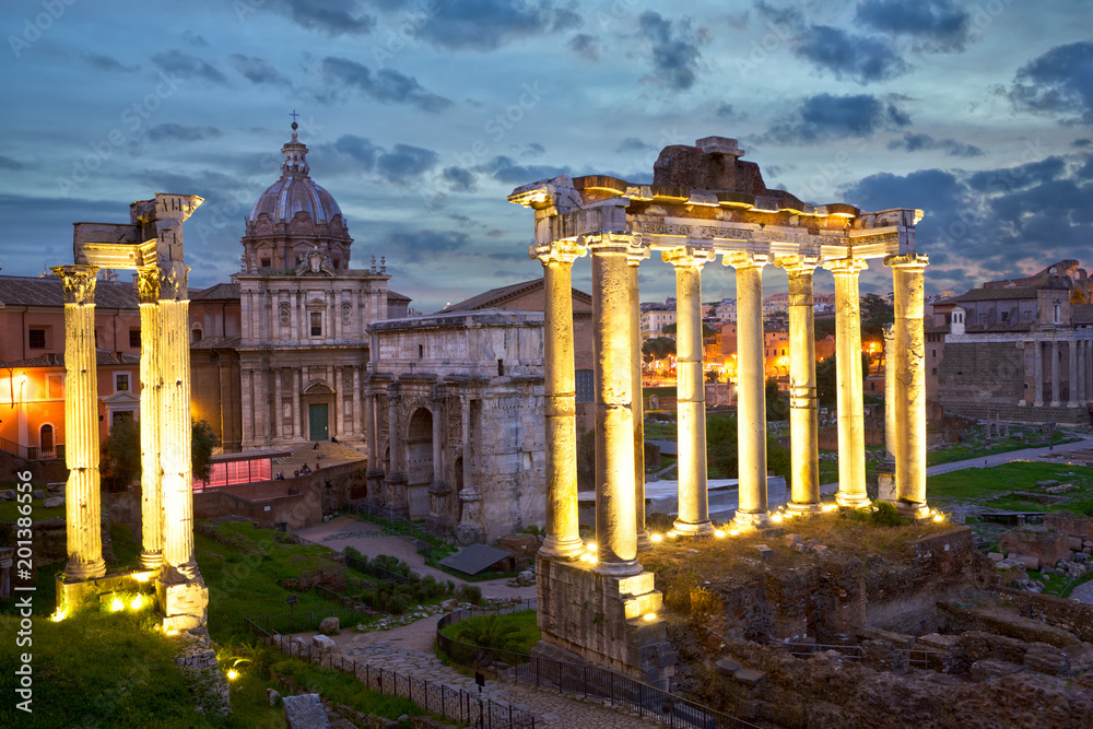 Roman Forum in Rome at dusk, Italy