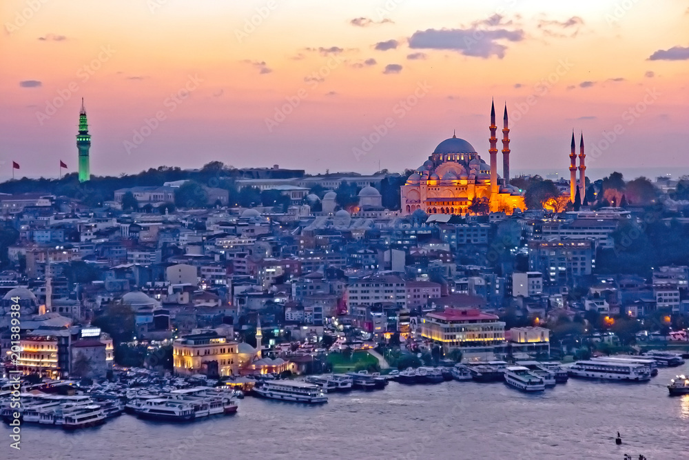  Istanbul at dusk. Sunset over Golden Horn. Mosque
