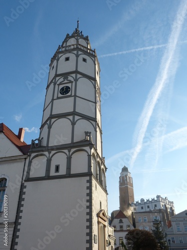 Town hall and St. John the Evangelist church in Paczków photo