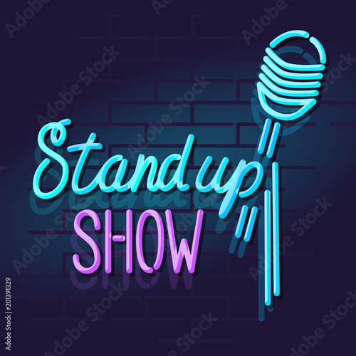 Neon stand up show mic with handwritten lettering. Night illuminated wall street sign. Isolated geometric style illustration on brick wall background.