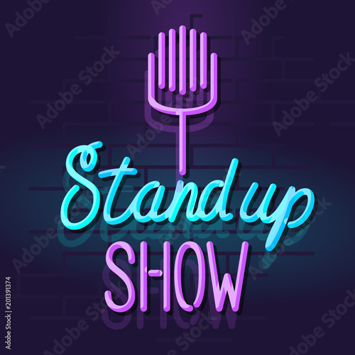 Neon stand up show mic with handwritten lettering. Night illuminated wall street sign. Isolated geometric style illustration on brick wall background.