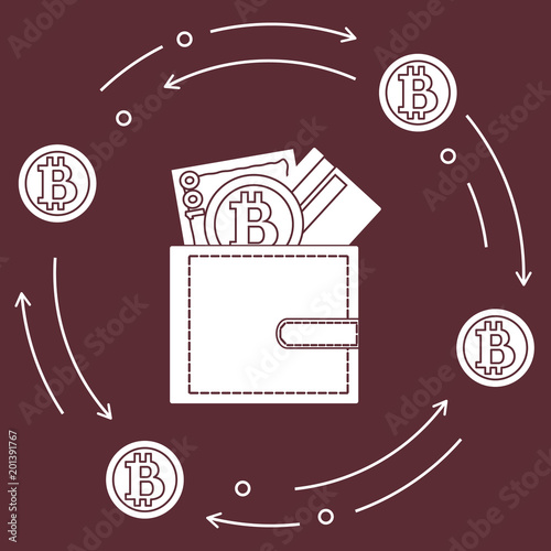 Purse with banknote, credit card and bitcoin.