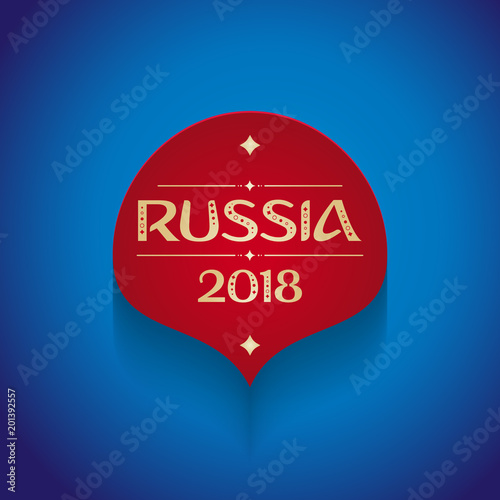 Plano de fundo de futebol na Rússia. Etiqueta vermelha e azul, elementos florais e torneio internacional de esporte.