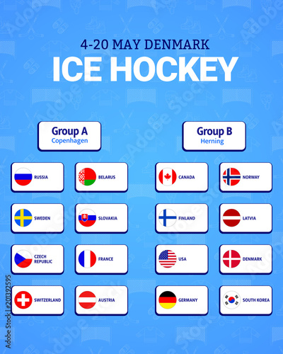 Men's Ice Hockey international tournament. Denmark 2018. illustration. Vector flag collection. Hockey group stage table. Graphic scoreboard participating countries. winter sport competition