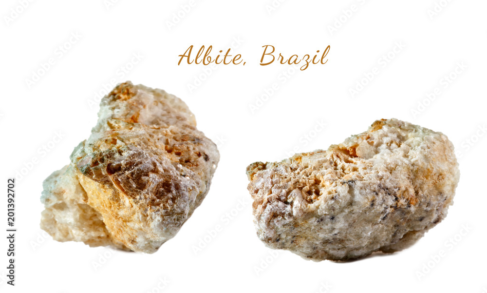 Macro shooting of natural gemstone. The raw mineral is albite, Brazil. Isolated object on a white background.