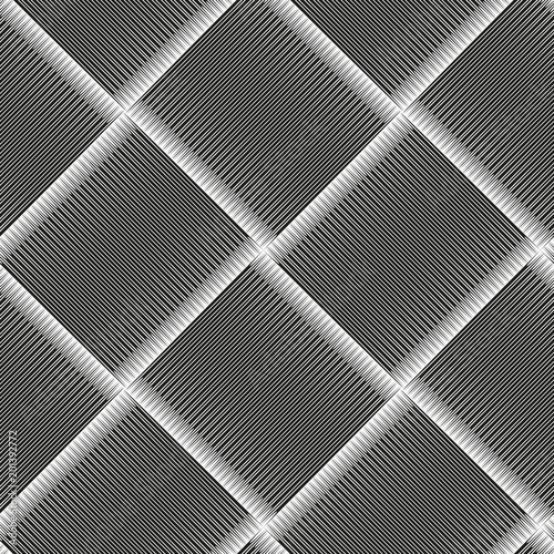 Seamless checkered diagonal pattern with grunge striped intersecting square elements. Monochrome geometric vectorial pattern. The effect of optical illusion.