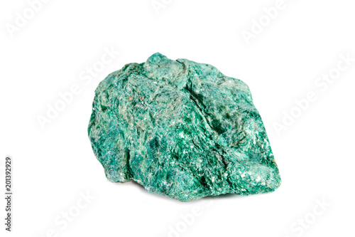 Macro shooting of natural gemstone. Raw mineral fuchsite. Isolated object on a white background.