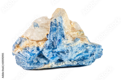 Macro shooting of natural gemstone. Raw mineral cyanide  Brazil. Isolated object on a white background.