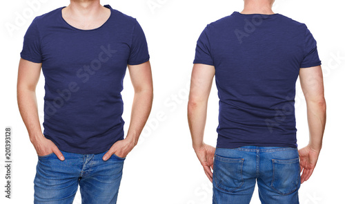 T-shirt design - man in blank dark blue tshirt front and rear isolated on white