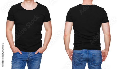 T-shirt design - man in blank black tshirt front and rear isolated on white