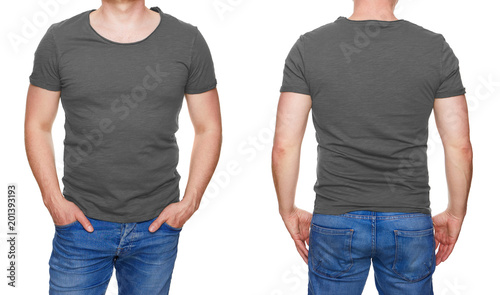 T-shirt design - man in blank gray tshirt front and rear isolated on white
