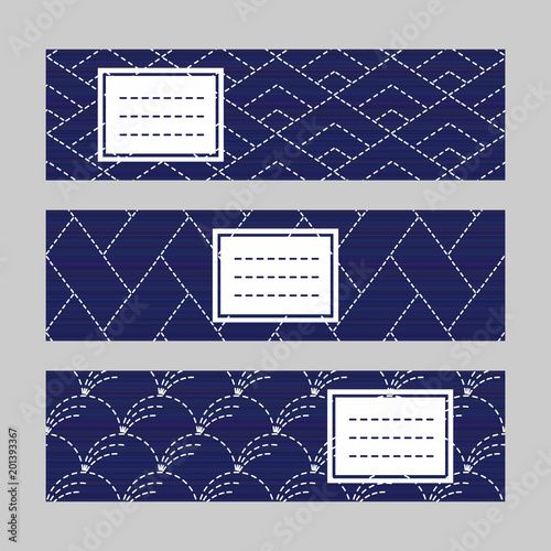 Sashiko banner set. Abstract texture. Traditional Japanese Embroidery Ornament. Set of horizontal flyers. Indigo and white colors. Simple design for invitation, postcard or bookmark.