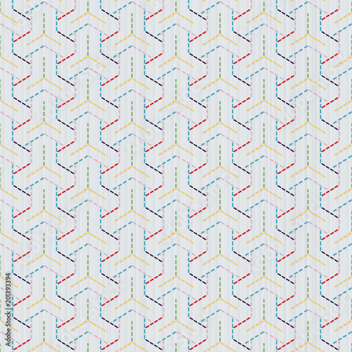 Colorful japanese quilling. Bishamon-Kikko Sashiko motif. Seamless pattern. Abstract backdrop. Geometric background. Needlework texture. Pattern fills. For decoration or printing on fabric.