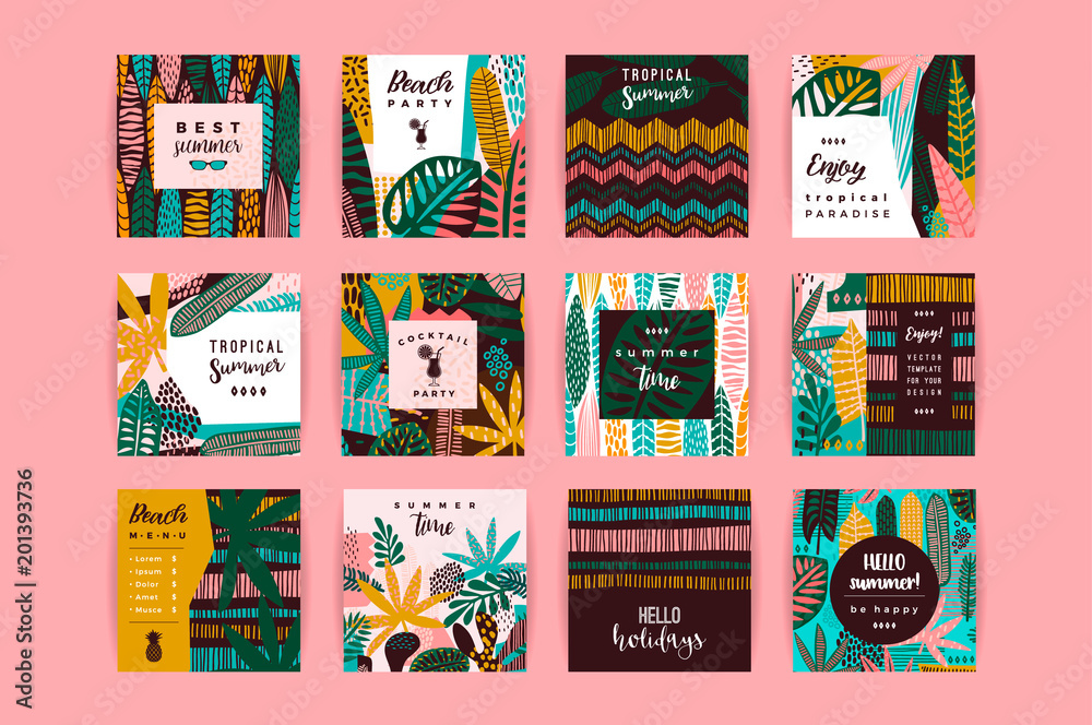 Set of abstract creative templates with tropical leaves. Set of abstract creative templates with tropical leaves.