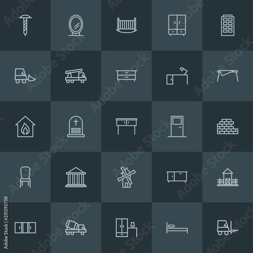 Modern Simple Set of industry, buildings, furniture Vector outline Icons. ..Contains such Icons as person, window, oval, cemetery, work and more on dark background. Fully Editable. Pixel Perfect.