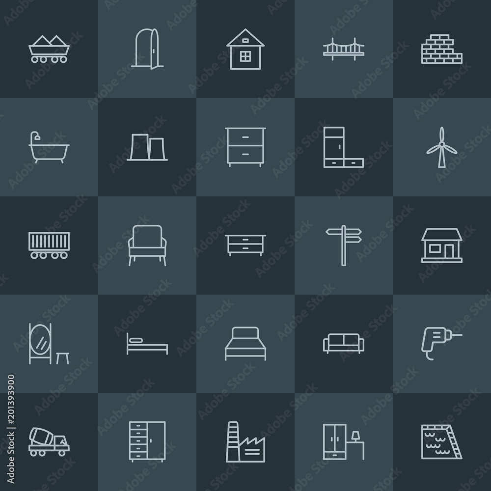 Modern Simple Set of industry, buildings, furniture Vector outline Icons. ..Contains such Icons as  bridge,  wardrobe, drill,  transport and more on dark background. Fully Editable. Pixel Perfect.