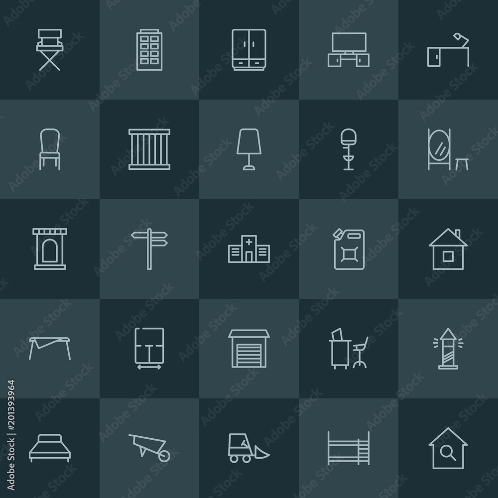 Modern Simple Set of industry, buildings, furniture Vector outline Icons. ..Contains such Icons as  way, wheelbarrow,  home, transportation and more on dark background. Fully Editable. Pixel Perfect.
