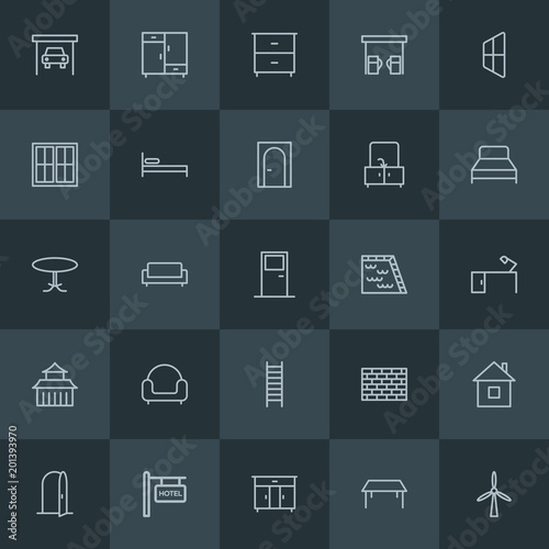 Modern Simple Set of industry, buildings, furniture Vector outline Icons. ..Contains such Icons as  wooden, door,  white, closet,  dirty and more on dark background. Fully Editable. Pixel Perfect.