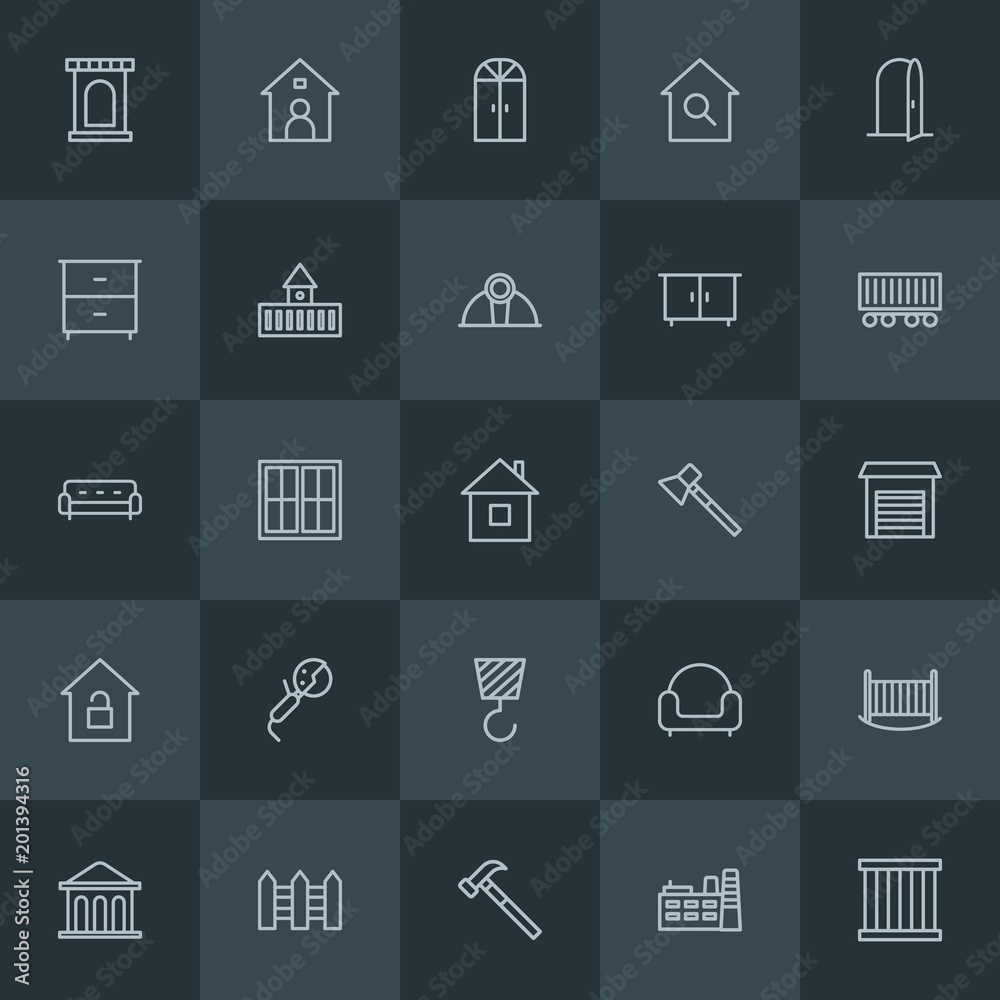 Modern Simple Set of industry, buildings, furniture Vector outline Icons. ..Contains such Icons as castle,  crime,  money,  house, fence and more on dark background. Fully Editable. Pixel Perfect.