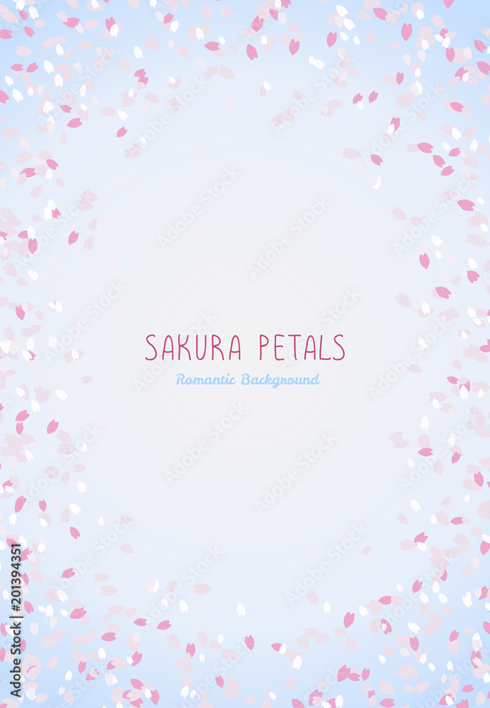 Simple romantic frame for text. Sakura petals. Spring flyer. Blooming cherry blossom petals. Hanami. Japanese Culture. Scatter. Vertical format. Spring is coming.