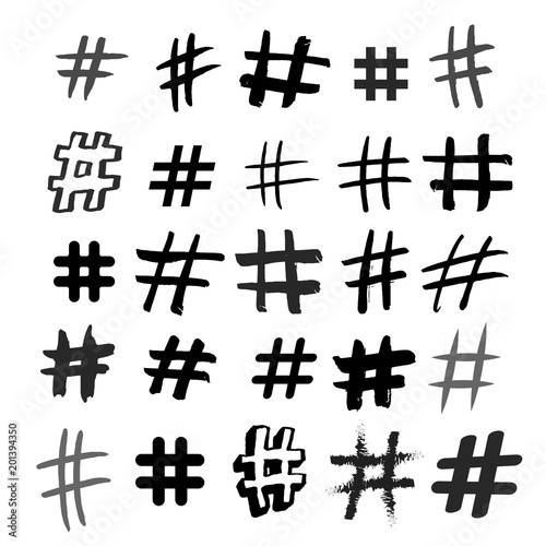 Set of Hashtag signs. Number sign, hash, or pound sign. Black hand painted symbols. Freehand drawing. Vector illustration. Isolated on white background