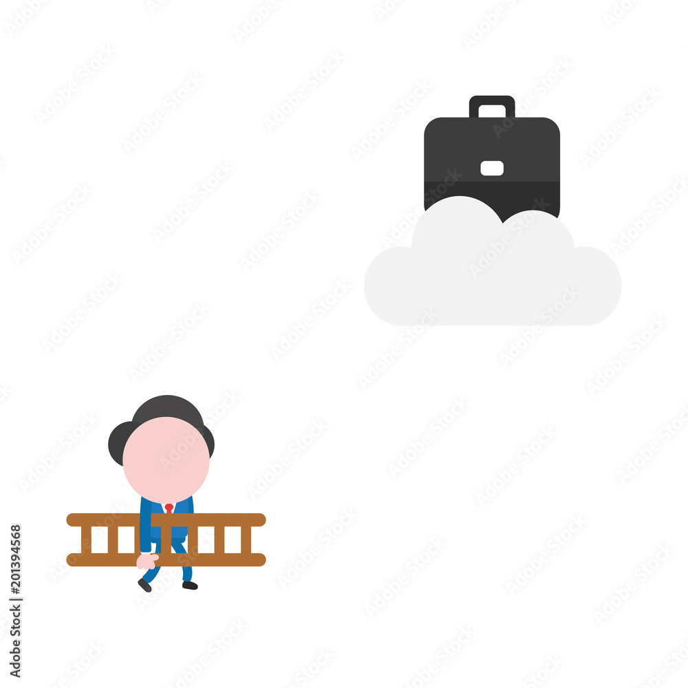 Fototapeta premium Vector illustration businessman walking carrying wooden ladder to reach briefcase on cloud