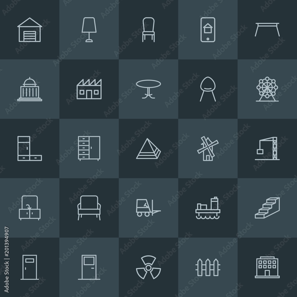 Modern Simple Set of industry, buildings, furniture Vector outline Icons. ..Contains such Icons as oil,  clothing,  chair, coffee,  house and more on dark background. Fully Editable. Pixel Perfect.